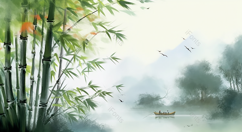 春天绿色竹子水上小舟水墨画,插画/手绘图,插画/手绘图库,插画/手绘图下载,插画/手绘